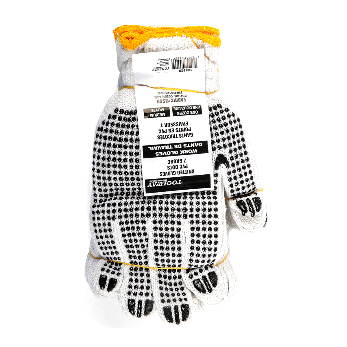 Toolway 105529, Knitted Poly/Cotton Gloves w/Black PVC Dots (M, sold/dz)