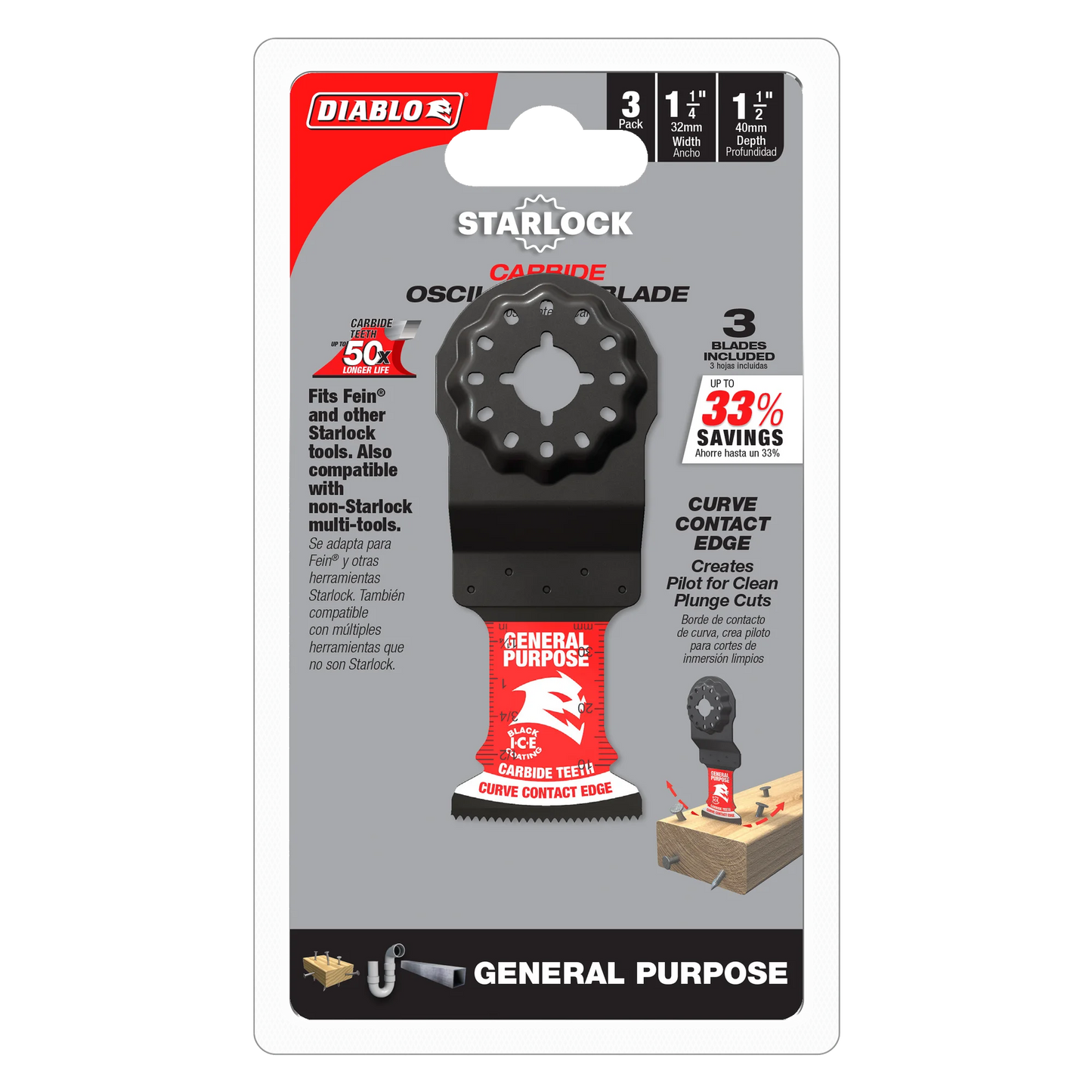Diablo DOS125CGP3, 1-1/4" AMPED™ Demo Demon™ Starlock Carbide Teeth Oscillating Blades for General Purpose Cuts