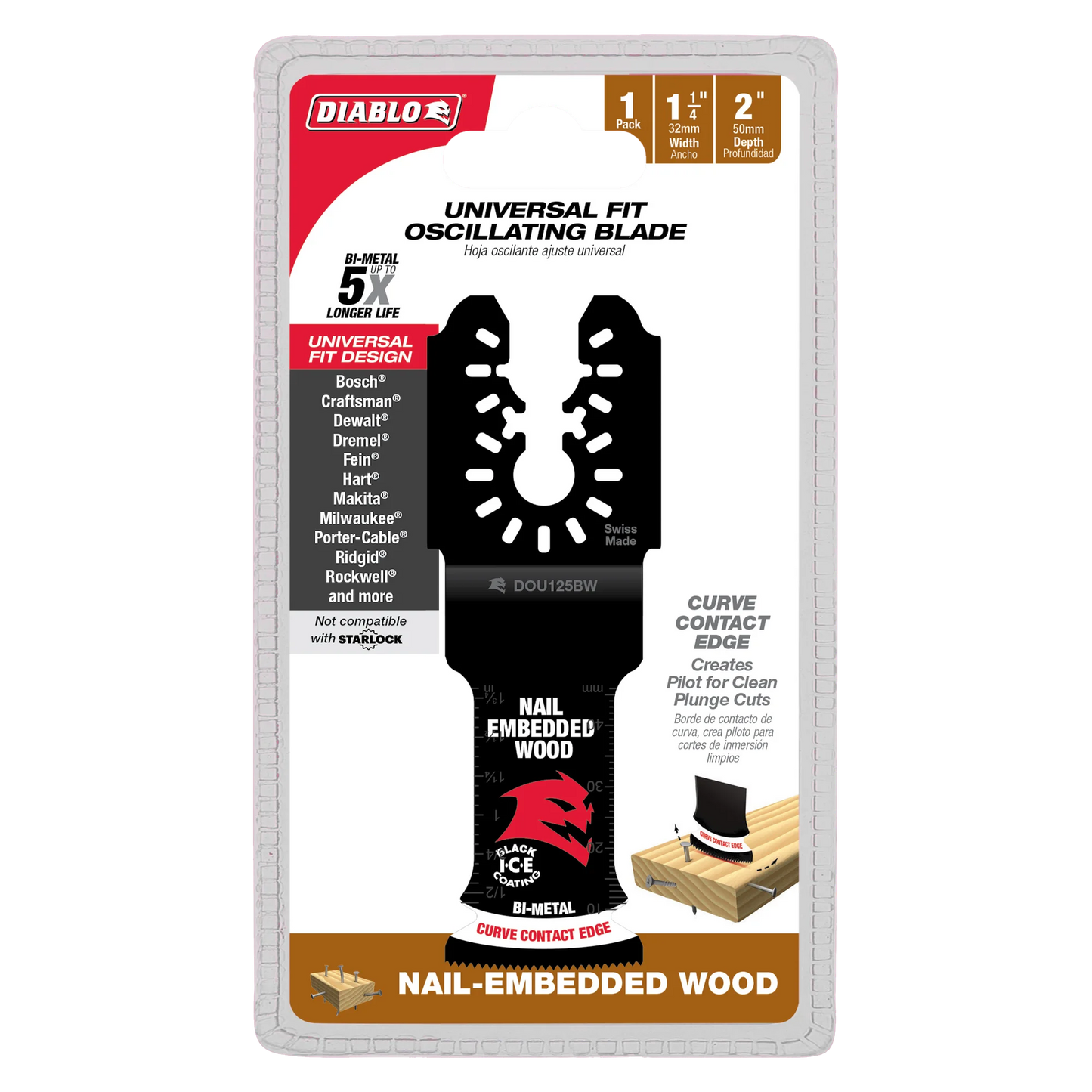 Diablo DOU125BW, 1-1/4" Demo Demon™ Universal Fit Bi-Metal Oscillating Blade for Nail-Embedded Wood