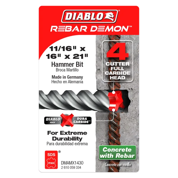 Diablo DMAMX1430, Rebar Demon™ SDS-Max 4-Cutter Full Carbide Head Hammer Drill Bit 11/16" x 16" x 21" (US)