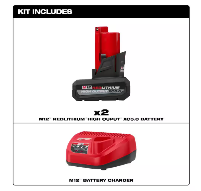 Milwaukee 48-59-2450P, M12 12V Lithium-Ion XC High Output 5.0 Ah Battery Pack (2-Pack) Starter Kit with Charger