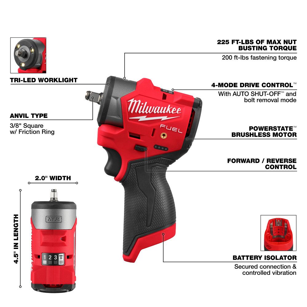 Milwaukee 3049-20, M12 FUEL™ 3/8" Subcompact Impact Wrench w/ Friction Ring