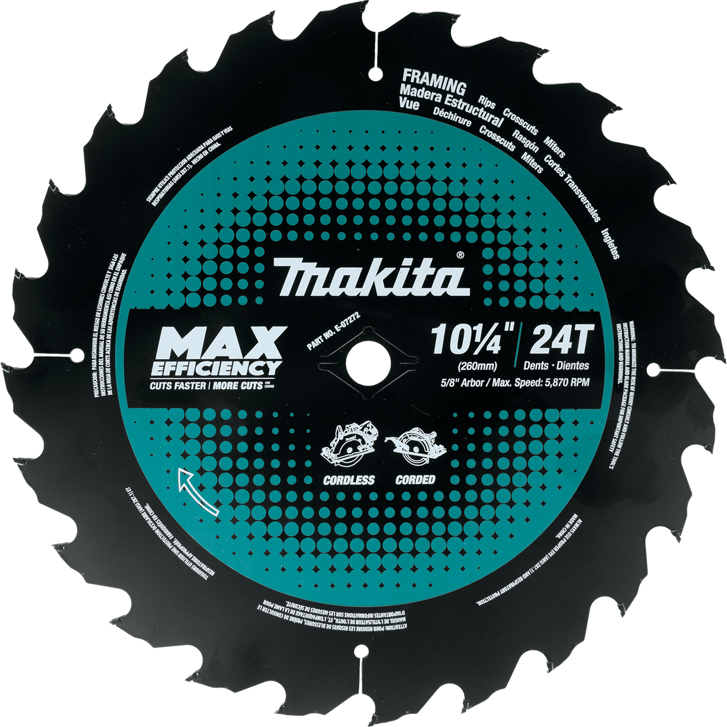 Makita E-07272, 10‑1/4" 24T Carbide‑Tipped Max Efficiency Circular Saw Blade, Framing