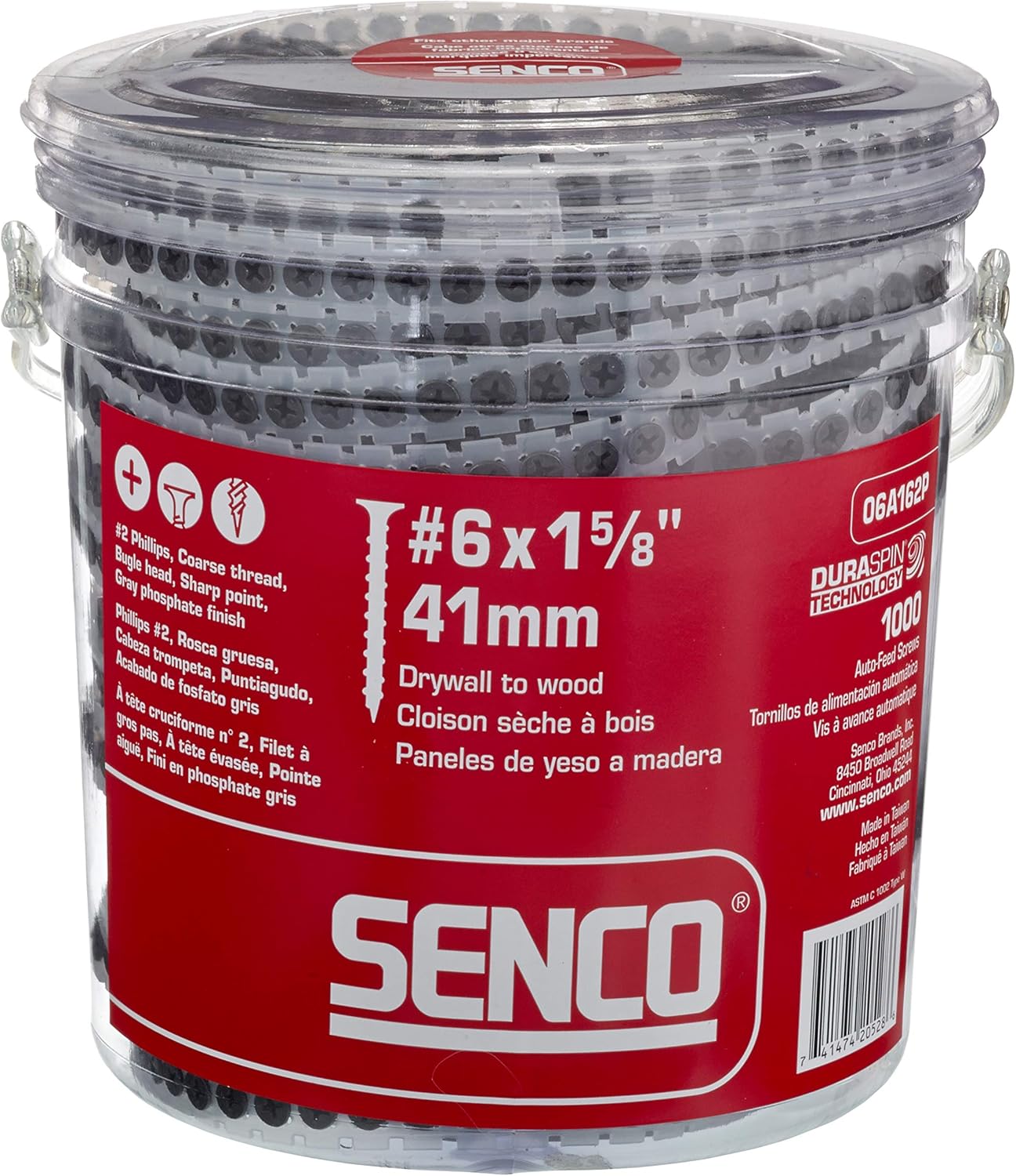 Senco 06A162P, Collated Drywall Screw Coarse Thread Drywall to Wood #6 X 1-5/8" (1M/Box)