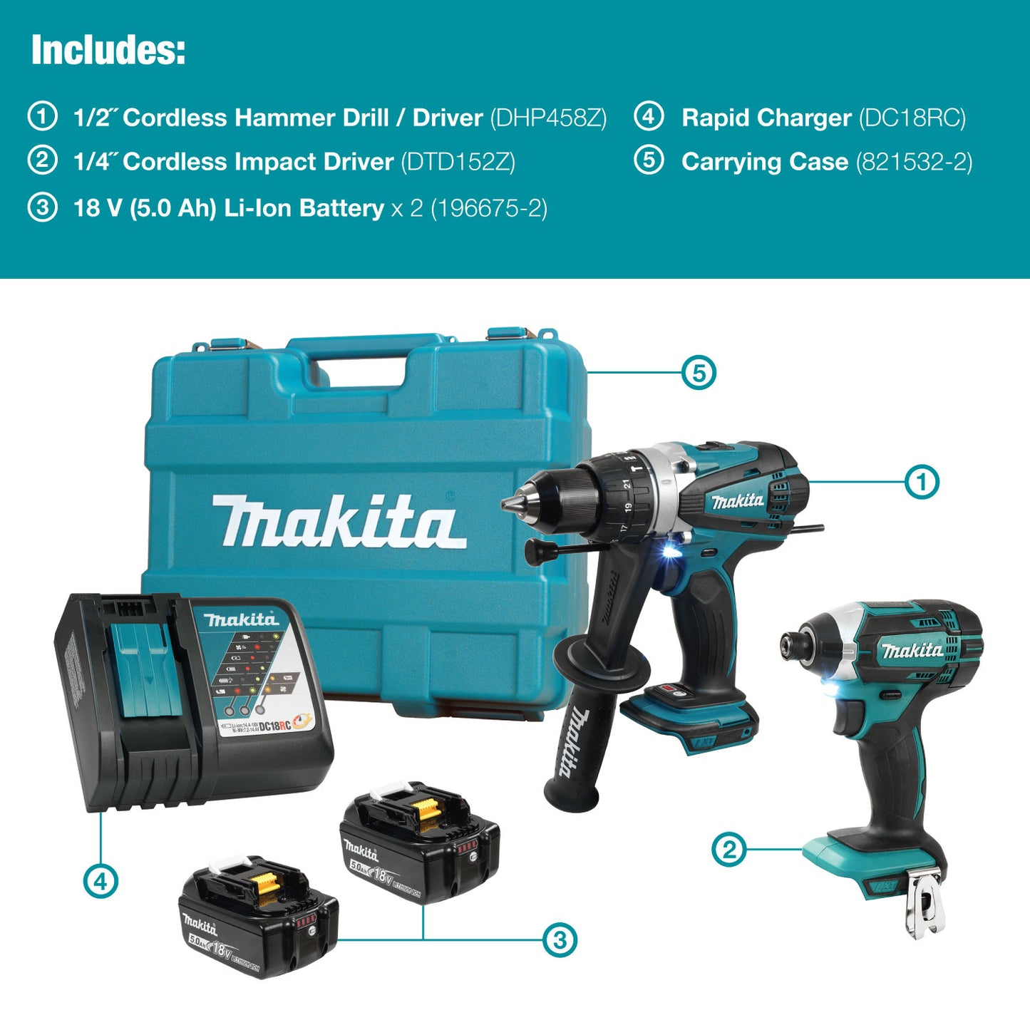 Makita DLX2005T, 18V LXT 2PC Combo 5.0Ah Kit (DHP458Z+DTD152Z)