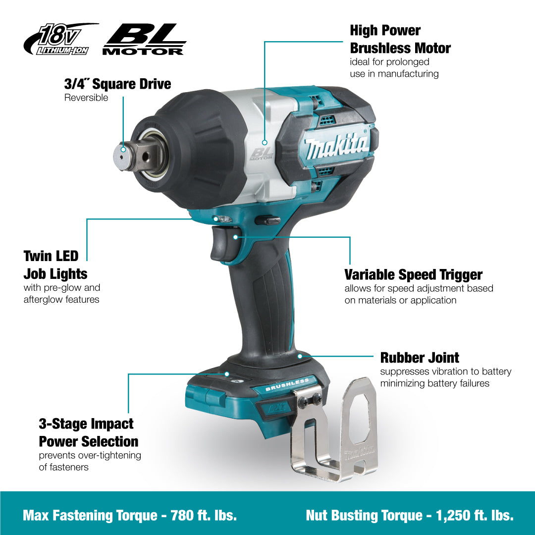 Makita DTW1001RTE, 18V LXT Brushless 3/4" Impact Wrench 5.0Ah Kit
