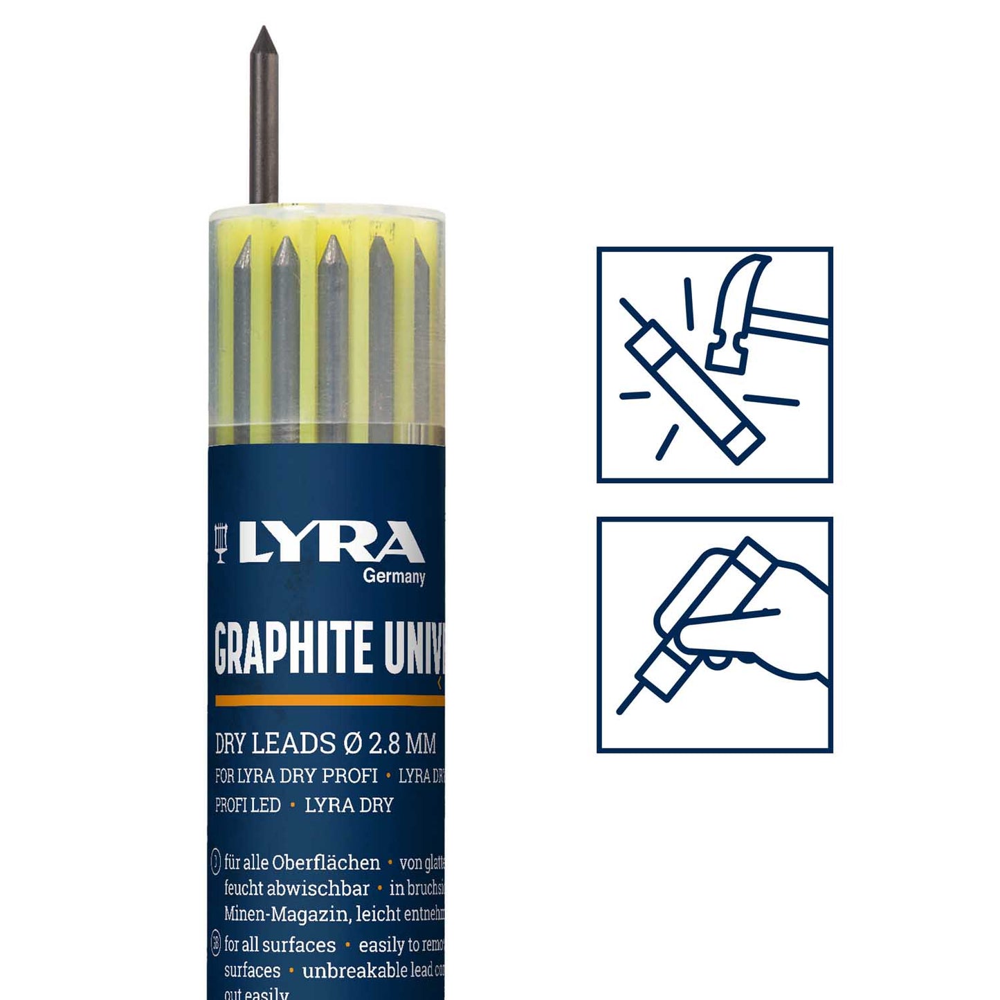 LYRA L4499102, LYRA Dry Refill Set Filled with 12 Universal Graphite Lead in 2B, 2.8 mm, for All Surfaces, Wipe-Clean