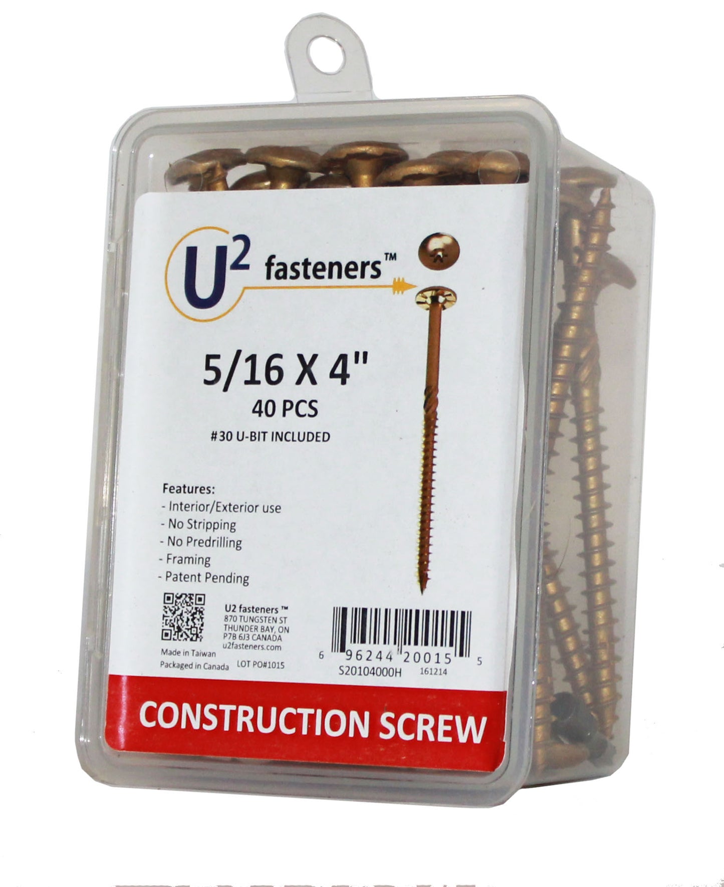 U2 Fasteners S20104000H, Construction Screw 5/16 X 4" (40/pkg)