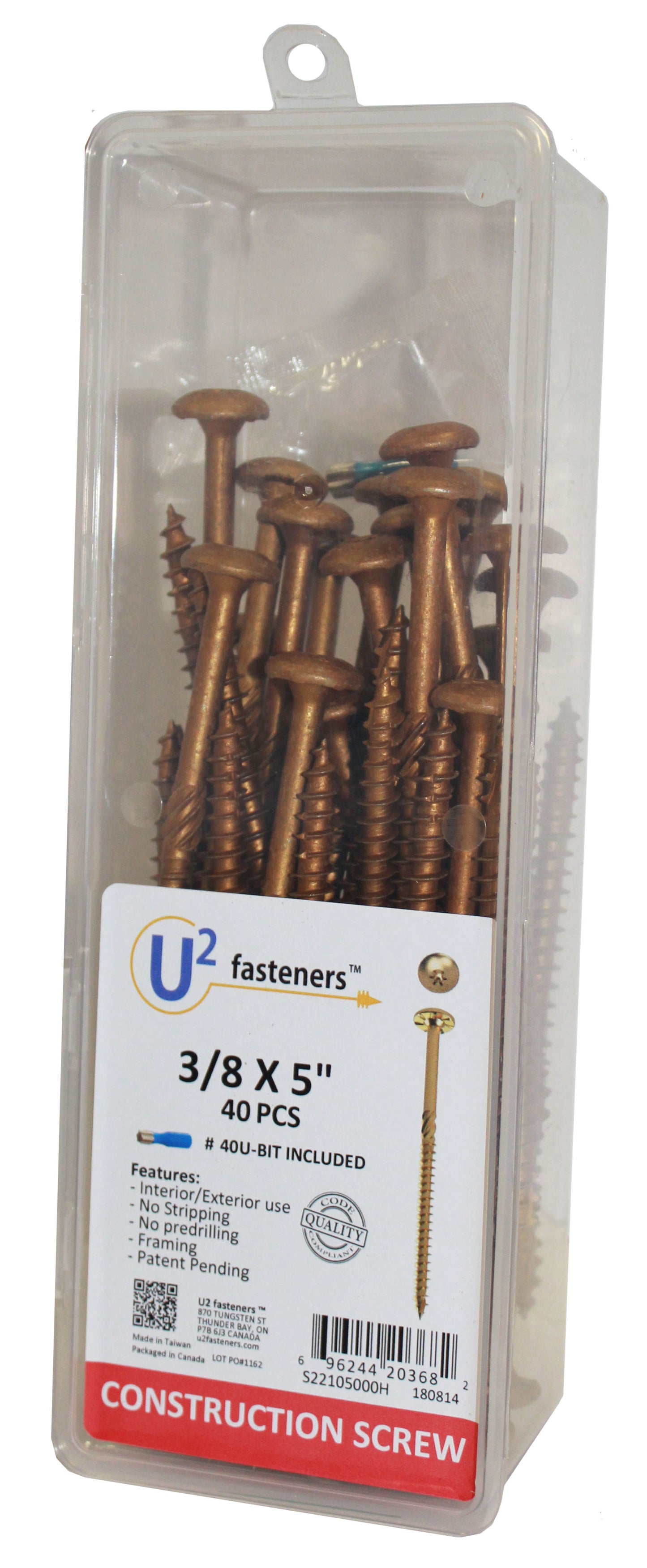 U2 Fasteners S22105000H, Construction Screw 3/8 X 5" (40/pkg)