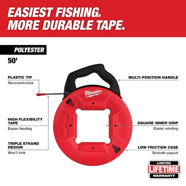 Milwaukee 48-22-4162, 50’ Polyester Fish Tape w/ Non-Conductive Tip