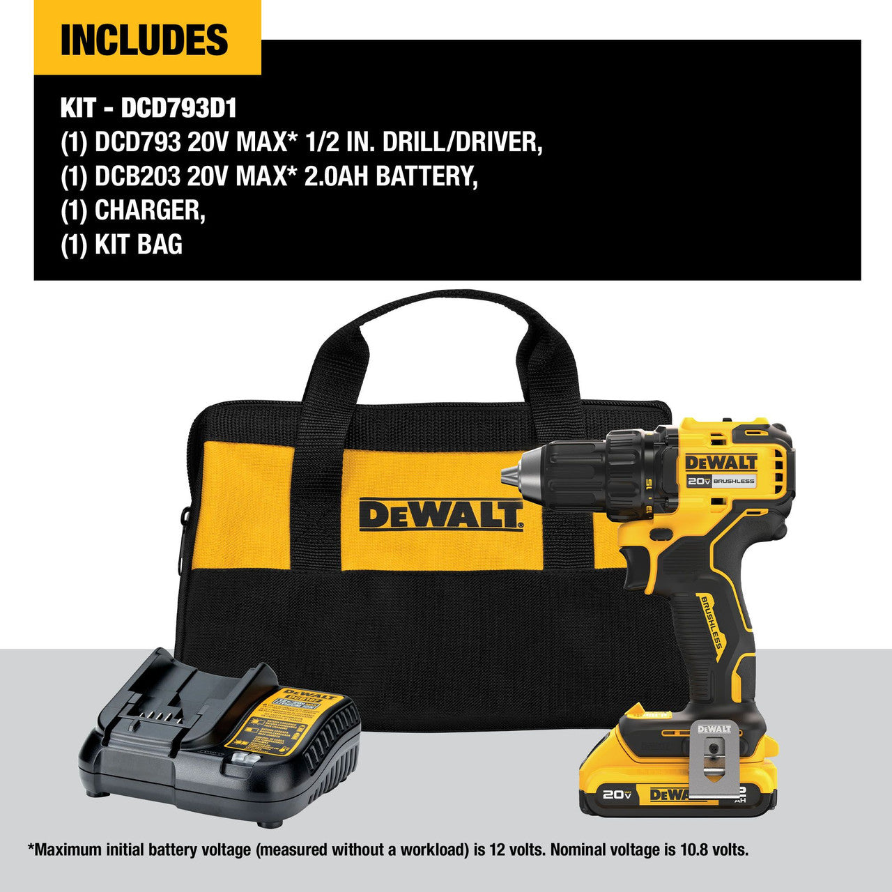 DEWALT DCD793D1, 20V Max Brushless Cordless 1/2 In. Drill/Driver Kit