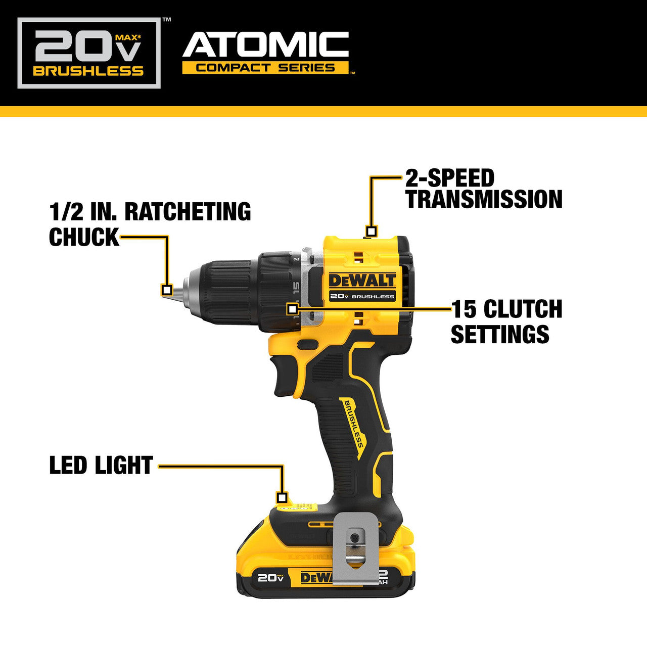 DEWALT DCD794D1, Atomic Compact Series 20V Max Brushless Cordless 1/2 In. Drill/Driver Kit