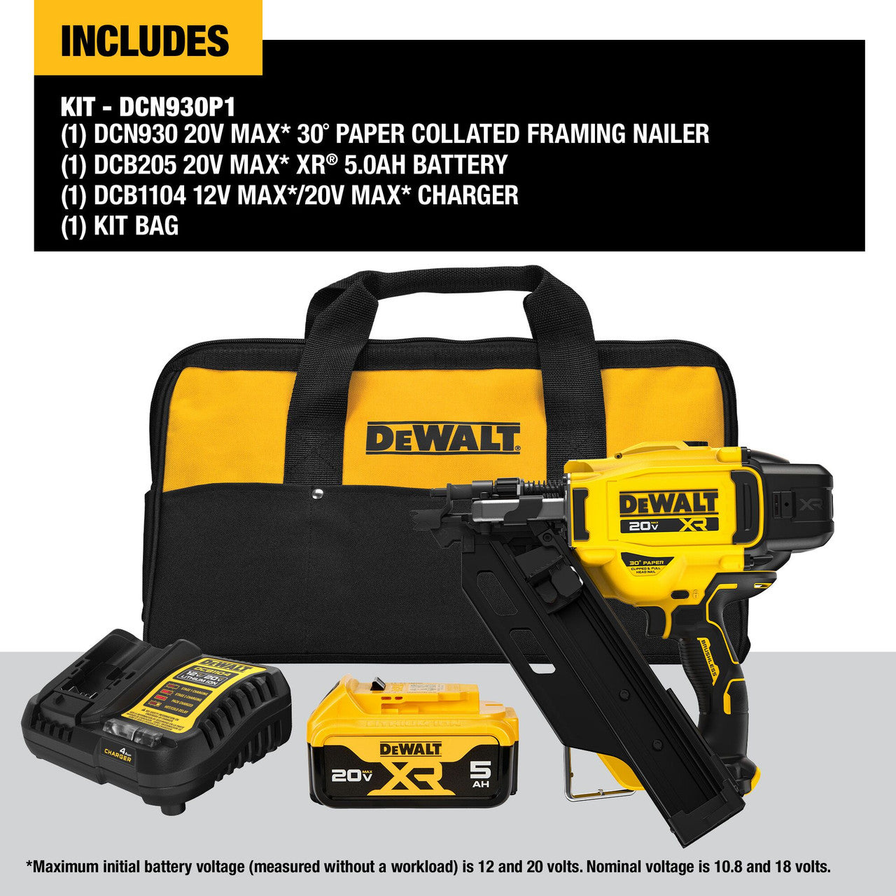 DEWALT DCN930P1, 20V MAX XR Cordless Brushless 2-Speed 30 Degree Paper Collated Framing Nailer Kit