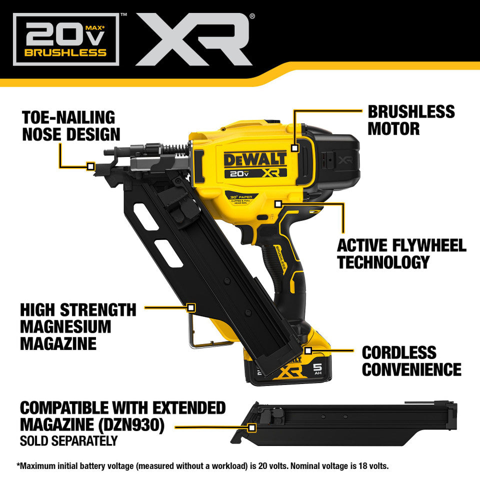 DEWALT DCN930P1, 20V MAX XR Cordless Brushless 2-Speed 30 Degree Paper Collated Framing Nailer Kit