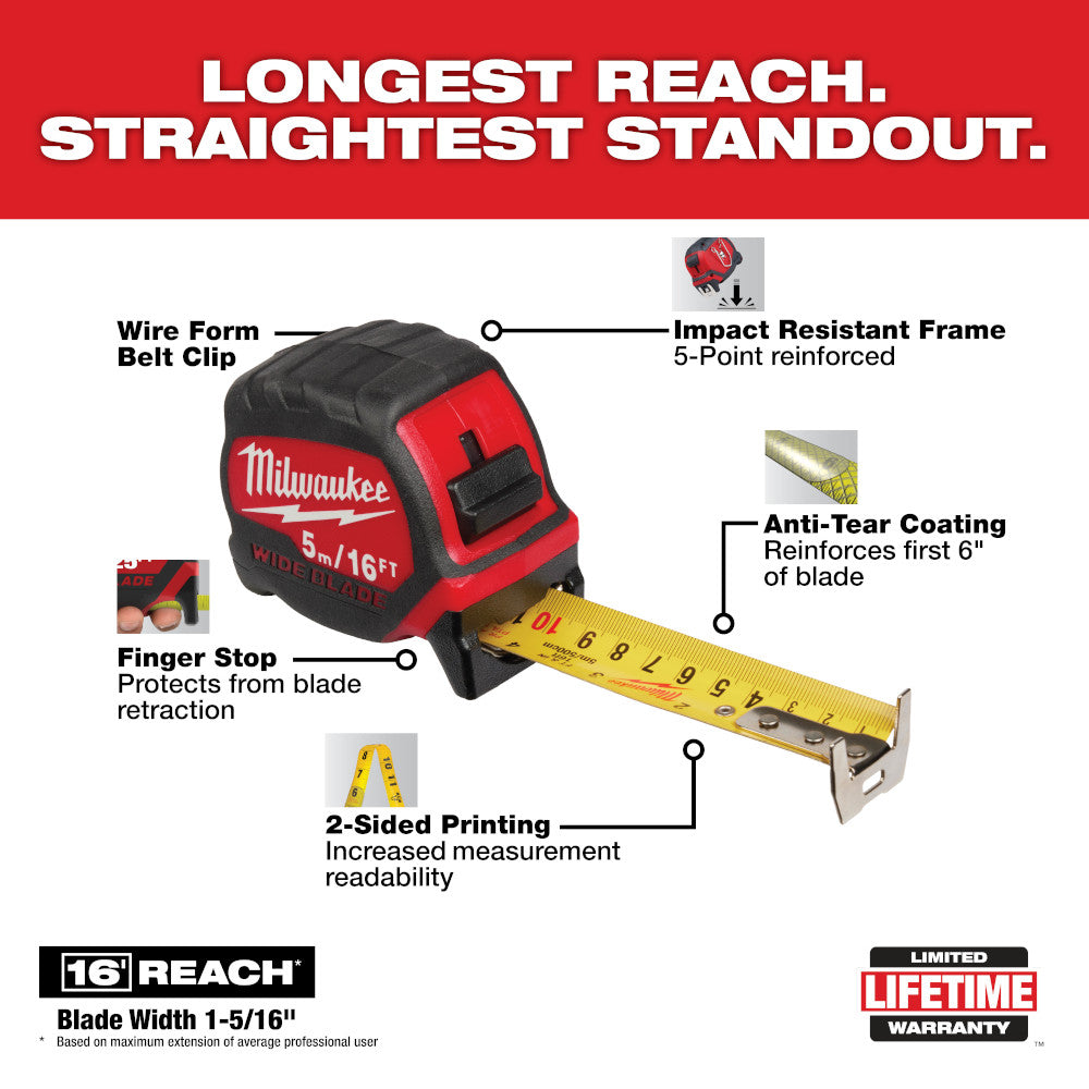 Milwaukee 48-22-0217 , 5m/16' Wide Blade Tape Measure