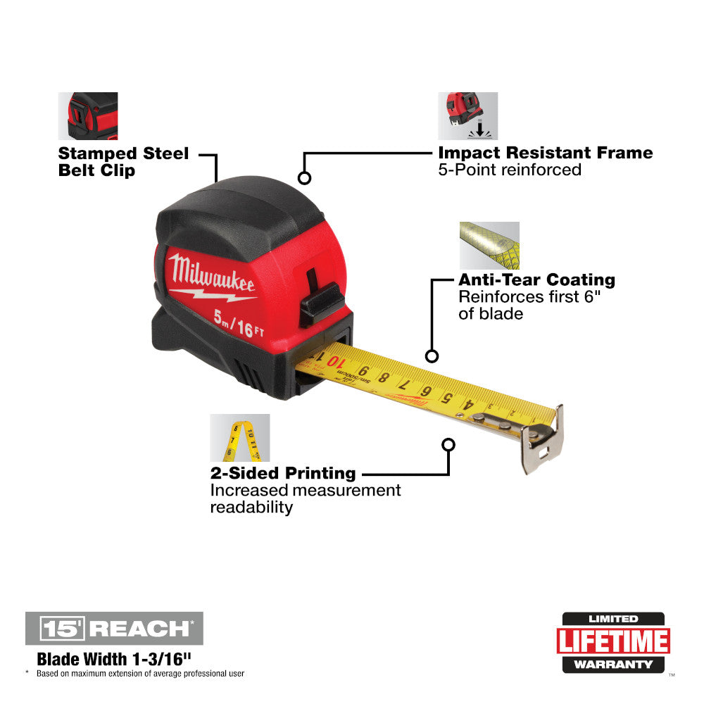 Milwaukee 48-22-0417, 5M/16FT COMPACT WIDE BLADE TAPE MEASURE