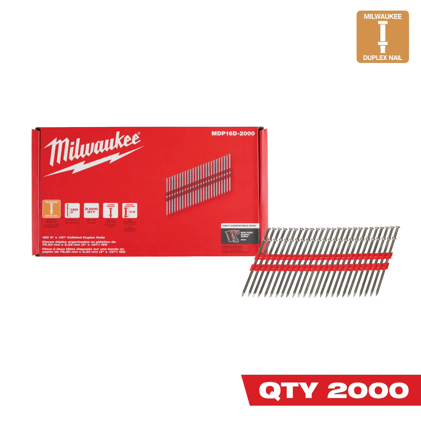Milwaukee MDP16D-2000, 16D 3” x .131” Collated Duplex Nails