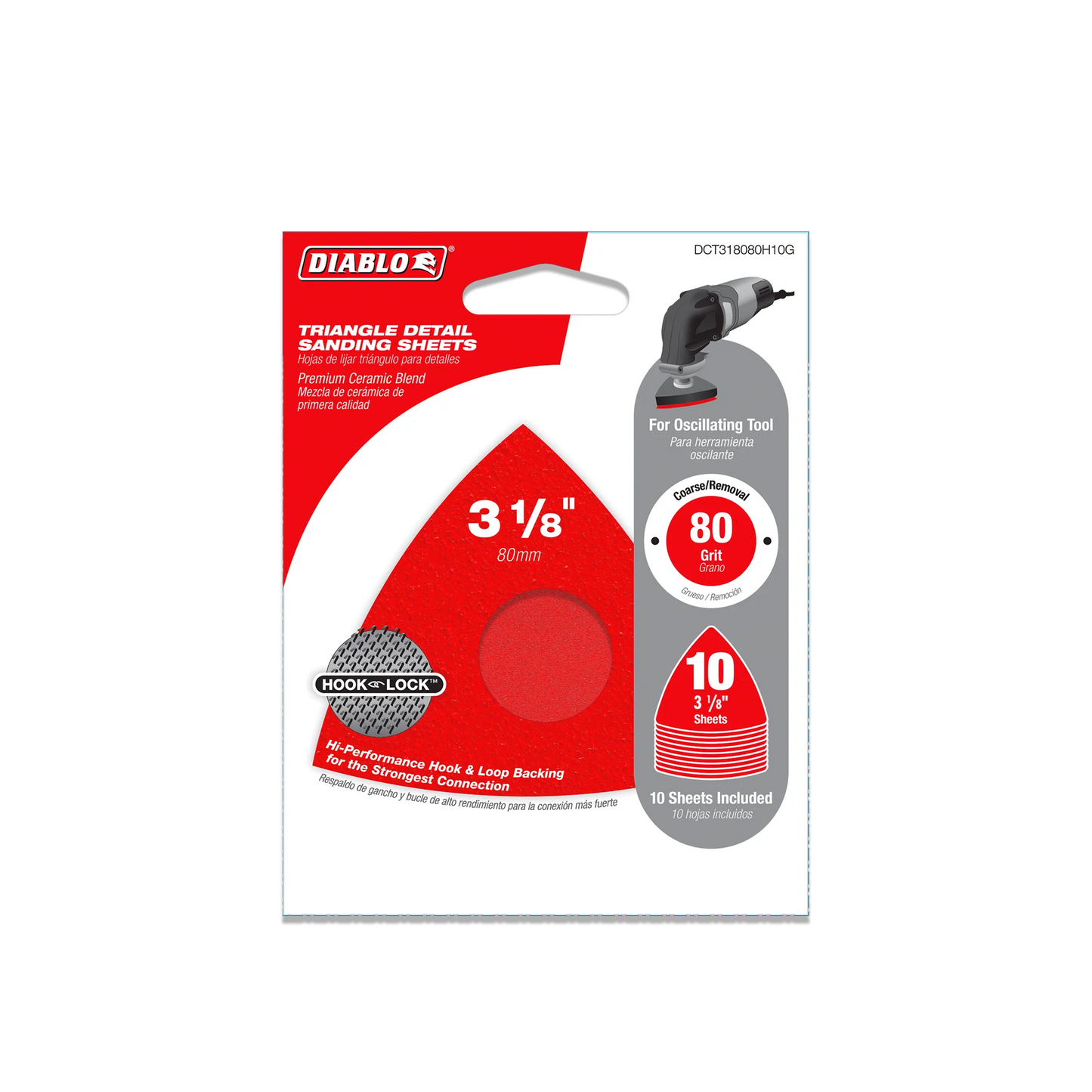 Diablo DCT318080H10G, 3-1/8" 80-Grit Hook & Lock™ Triangular Detail Sanding Sheets