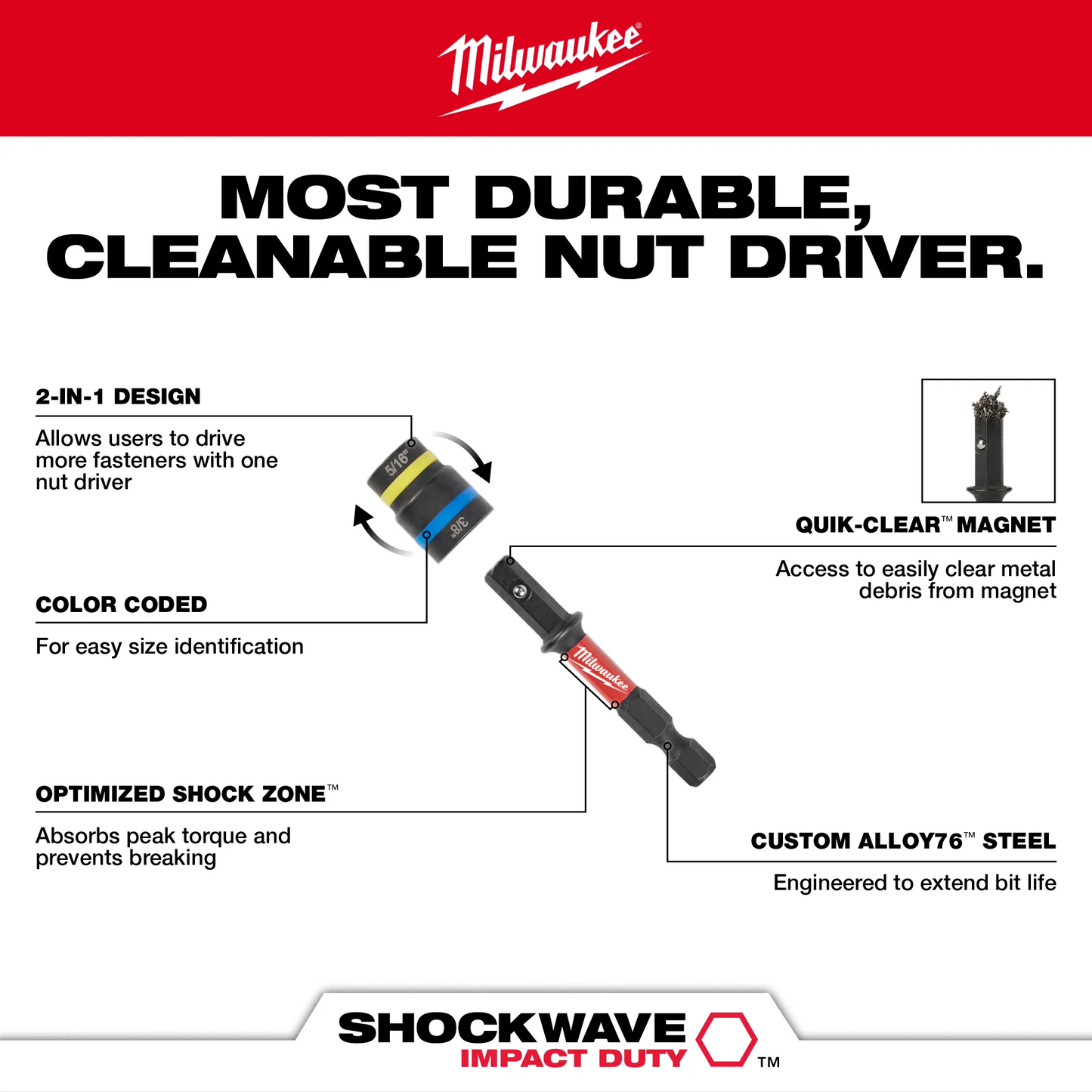 Milwaukee 49-66-4543, SHOCKWAVE Impact Duty™ 5/16” and 3/8” x 2-1/2” QUIK-CLEAR™ 2-in-1 Magnetic Nut Driver