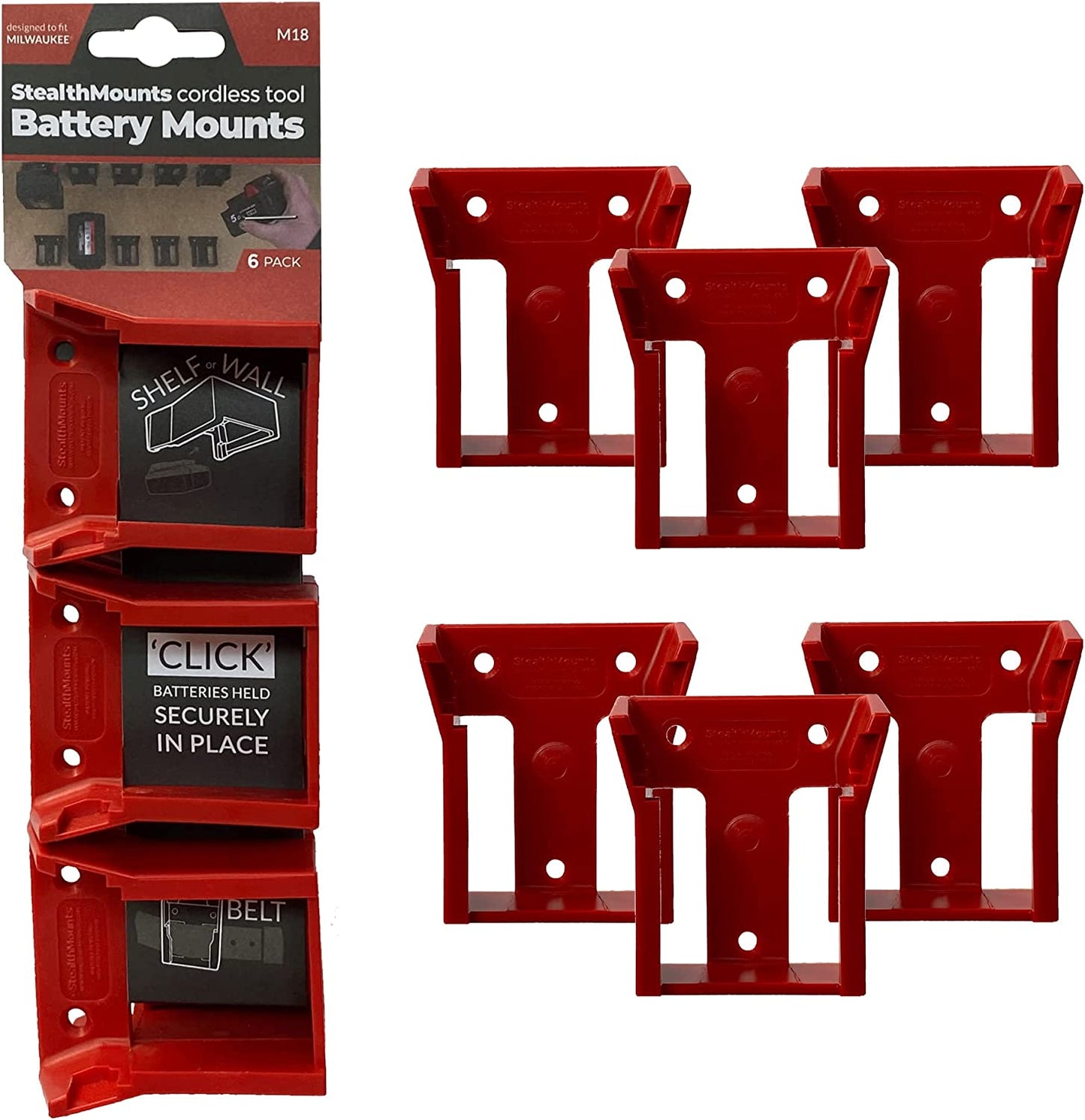 StealthMounts BM-MW18-5-6, Milwaukee M18 Battery Mounts (6 Pack) - Red
