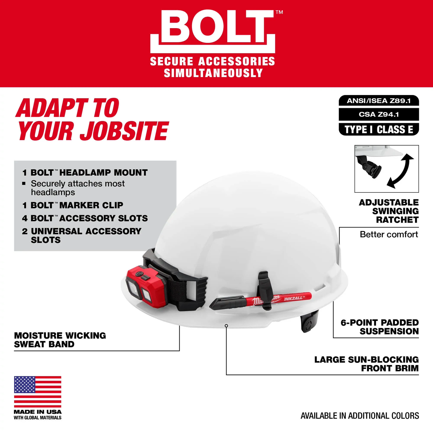 Milwaukee 48-73-1120, BOLT™ Front Brim Hard Hat w/6pt Ratcheting Suspension (USA)