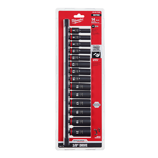 Milwaukee 49-66-7008, 3/8" Drive SHOCKWAVE Impact Duty Metric Deep 6 Point Socket Set - 14 Piece