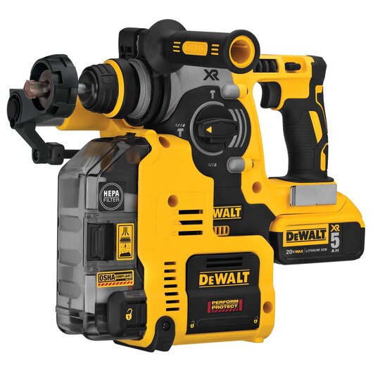 DEWALT DCH273P2DHO, 20V MAX XR 3 Mode SDS Rotary Hammer (5.0Ah) w/ 2 Batteries, Dust Extractor and Kit Box