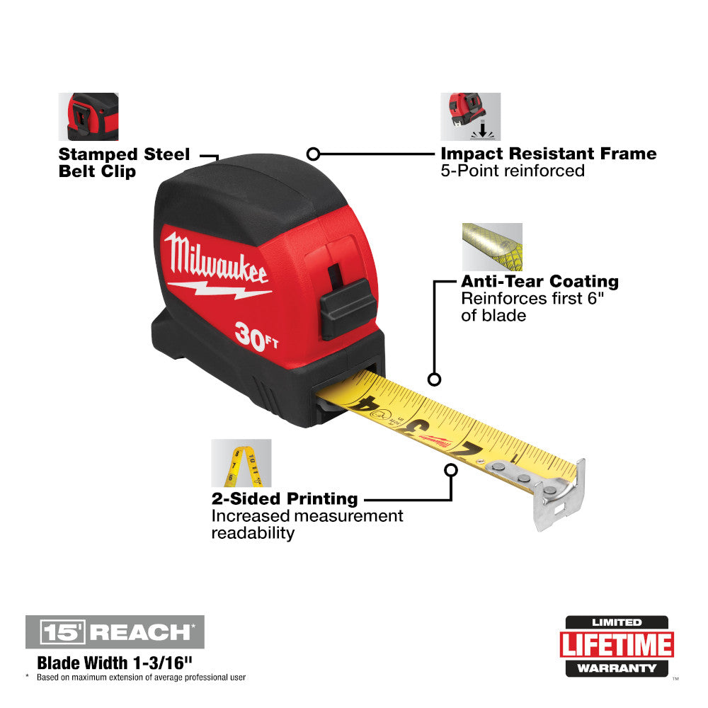 Milwaukee 48-22-0430, 30FT COMPACT WIDE BLADE TAPE MEASURE