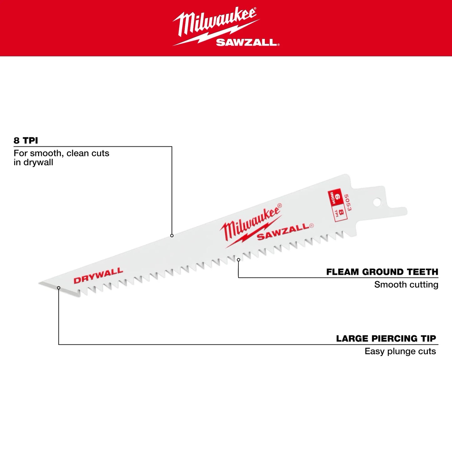 Milwaukee 48-00-5053, 6” 8TPI Drywall SAWZALL™ Blades (3 pk)