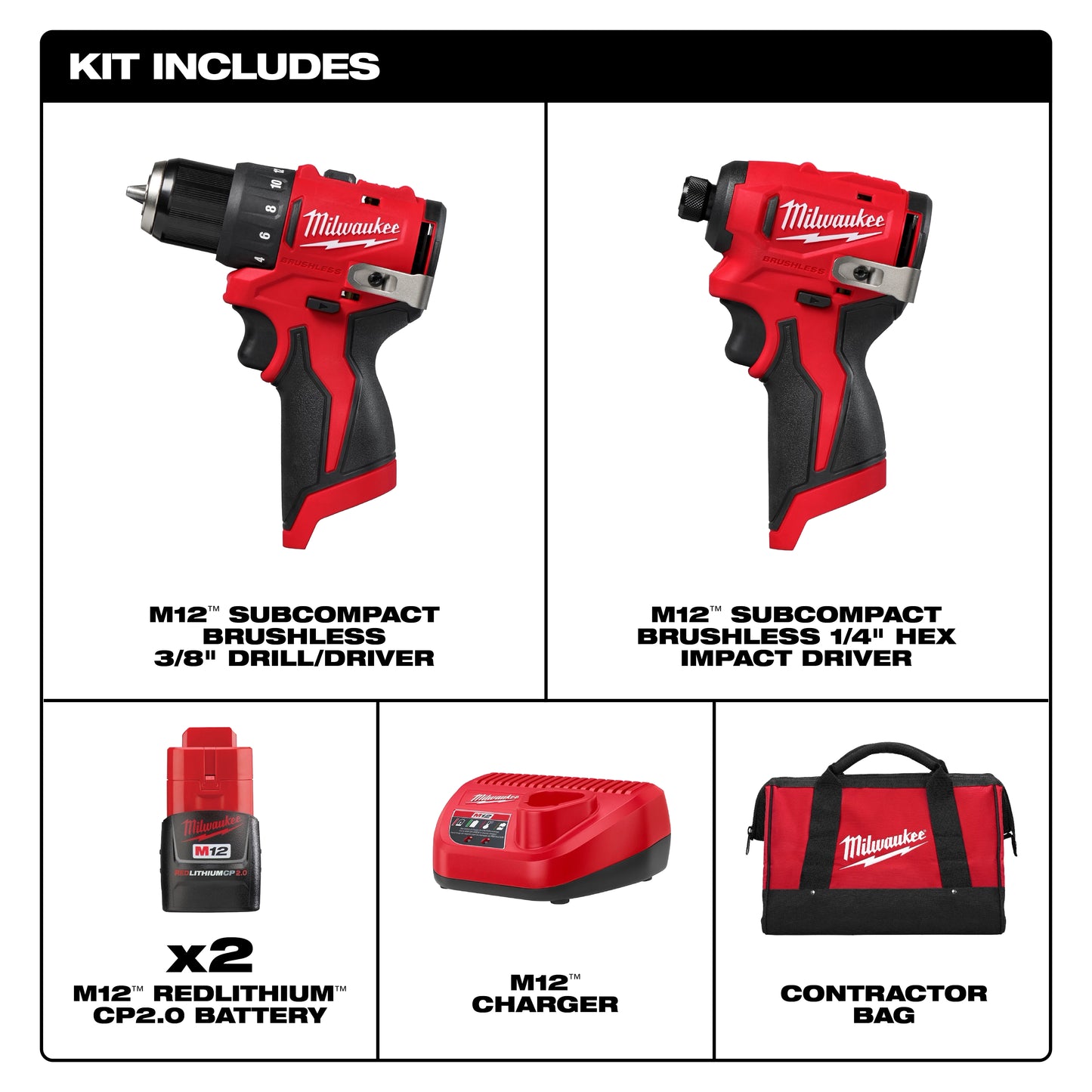Milwaukee 3494-22, M12™ Subcompact Brushless 2-Tool Combo Kit