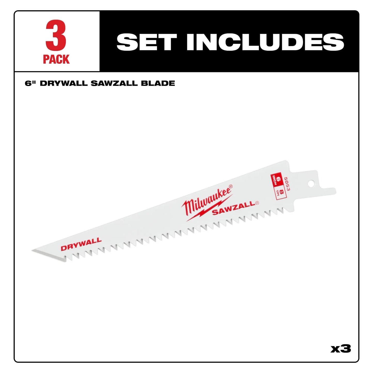 Milwaukee 48-00-5053, 6” 8TPI Drywall SAWZALL™ Blades (3 pk)