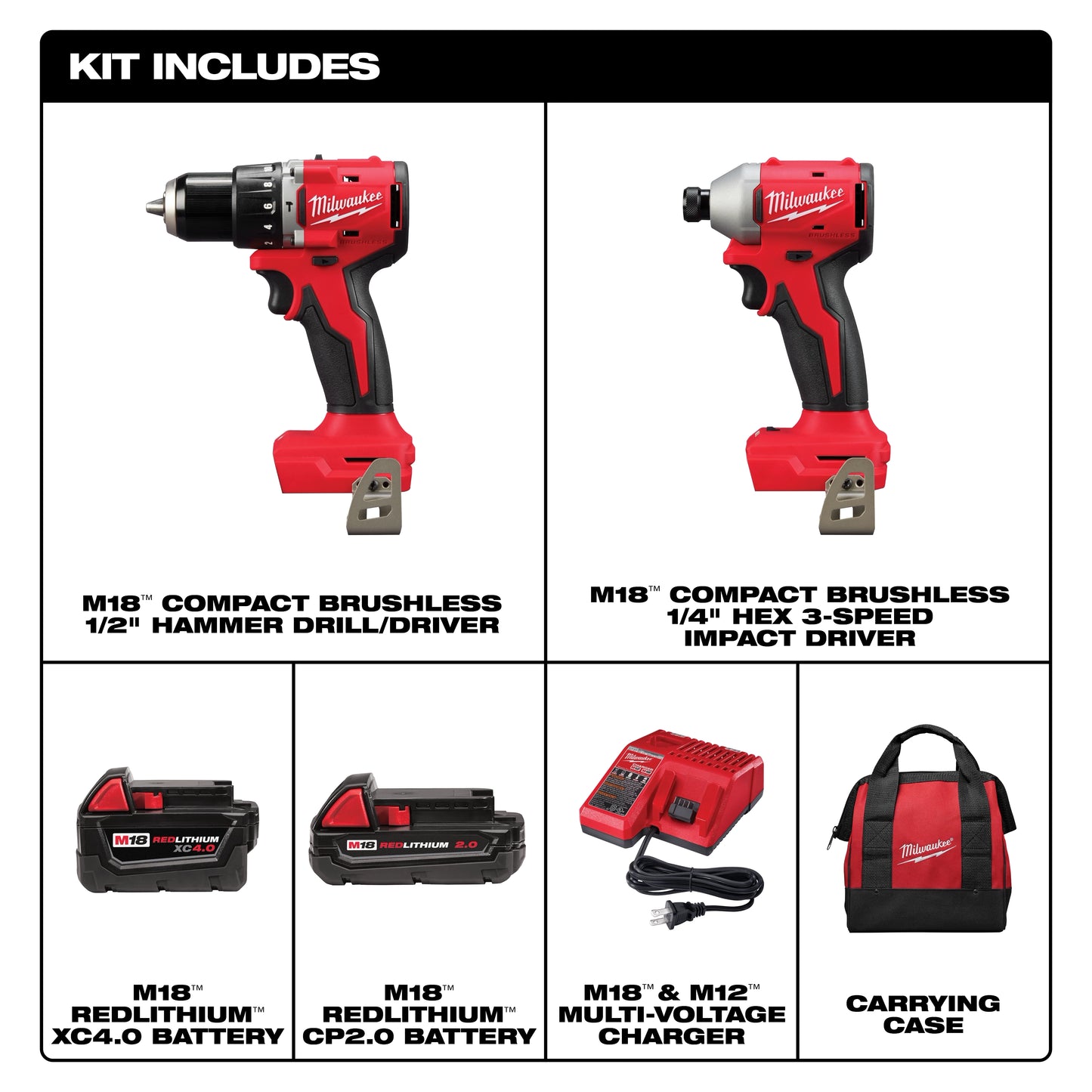 Milwaukee 3693-22CX, M18™ Compact Brushless 2-Tool Combo Kit