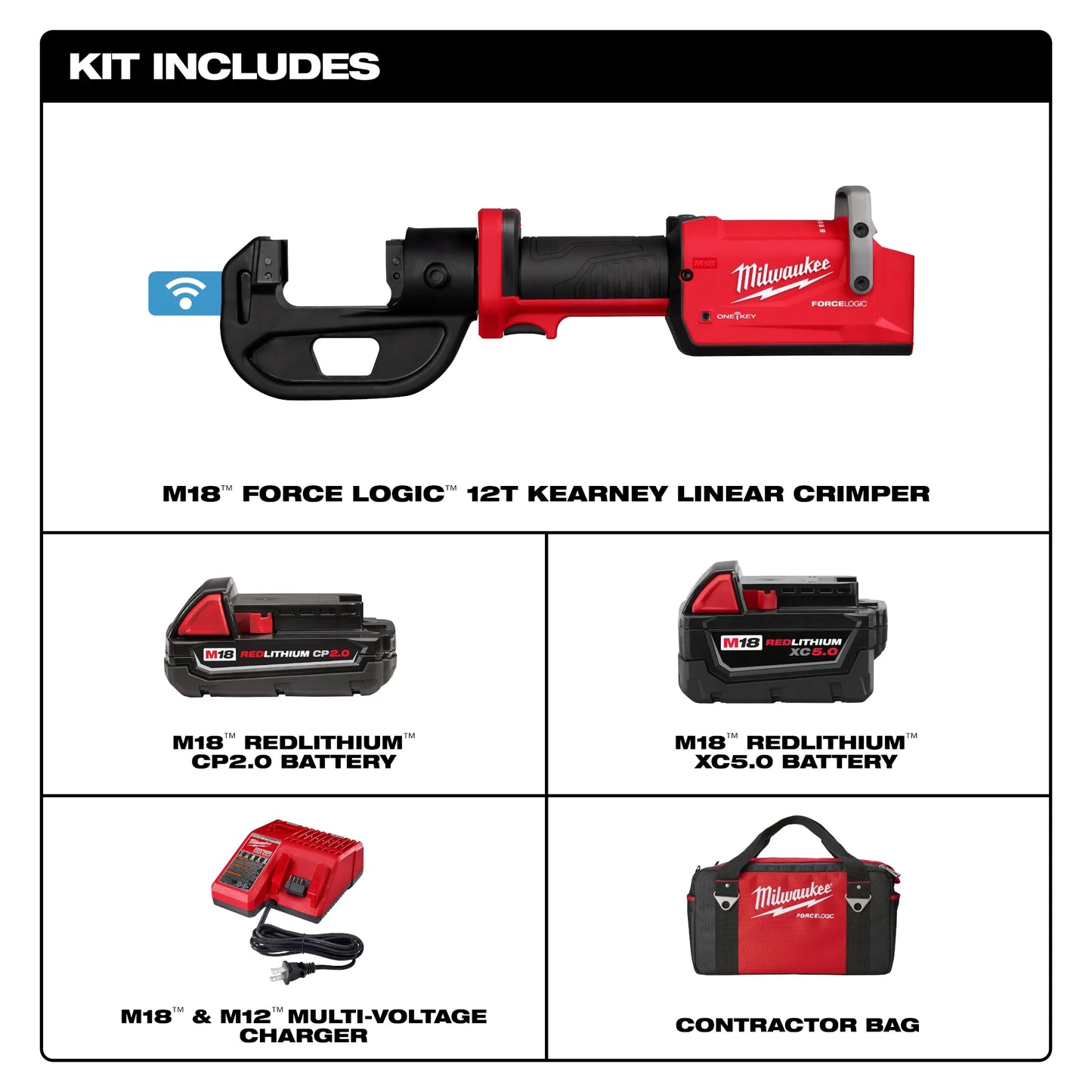 Milwaukee 2878K-22, M18â„¢ FORCE LOGICâ„¢ 12T Kearney Linear Crimper Kit