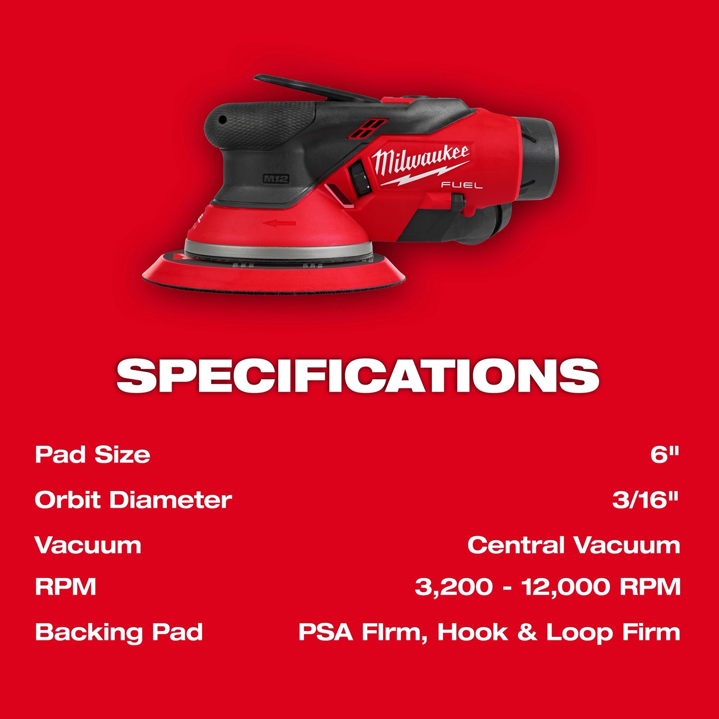 Milwaukee 2585-22CX, M12 FUEL™ 6" Random Orbital Sander Kit (3/16")