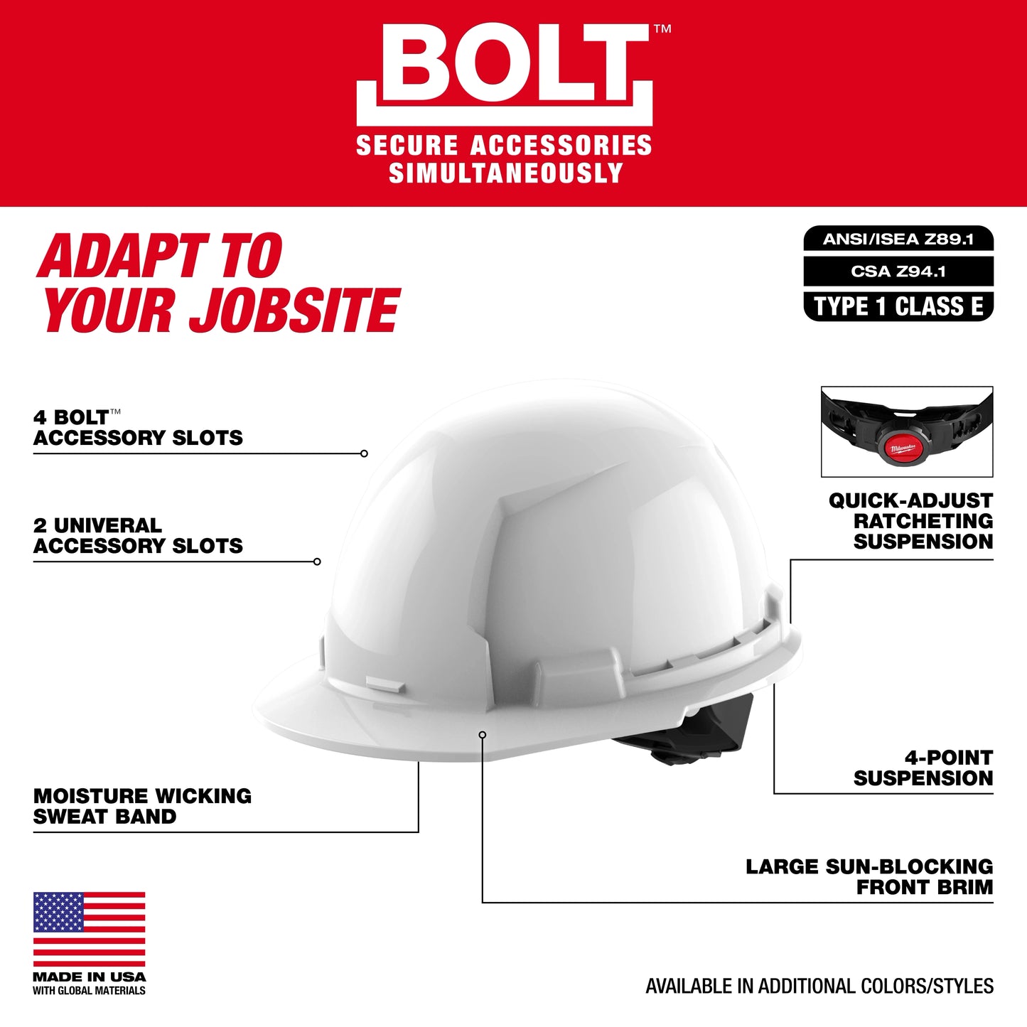 Milwaukee 48-73-1110, BOLT™ Black Front Brim Hard Hat w/4pt Ratcheting Suspension (USA) - Type 1, Class E