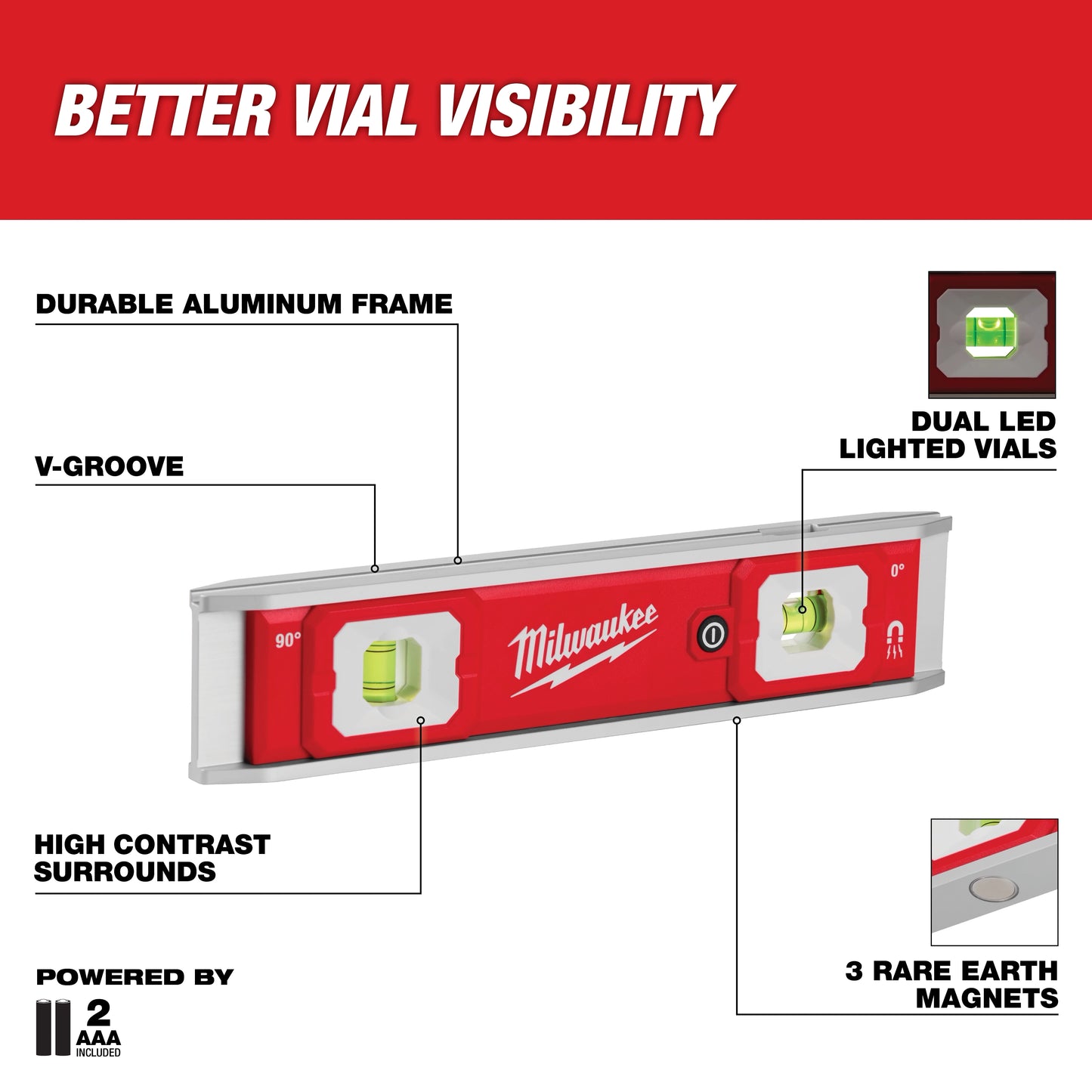Milwaukee 48-22-5105, 9" Torpedo Level with Lighted Vials