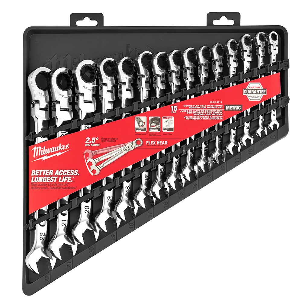 Milwaukee 48-22-9513, Flex Head Ratcheting Combination Metric Wrench Set 15-Piece