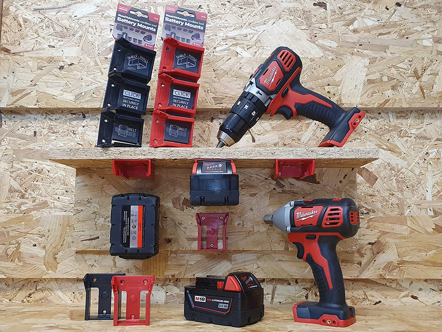 StealthMounts BM-MW18-5-6, Milwaukee M18 Battery Mounts (6 Pack) - Red