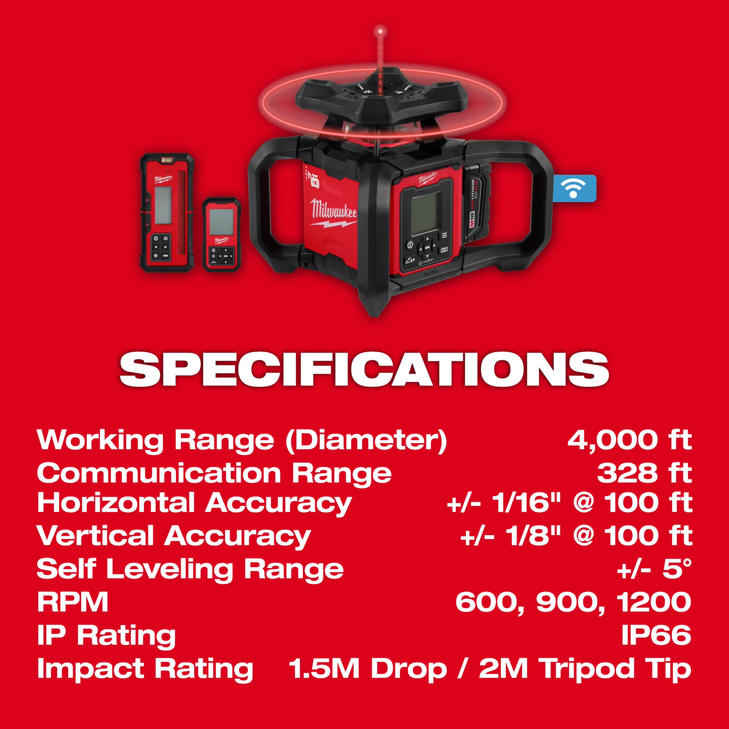 Milwaukee 3704-21T, M18™ Red Exterior Dual Slope Rotary Laser Level Kit w/ Receiver, Remote, Grade Rod & Tripod