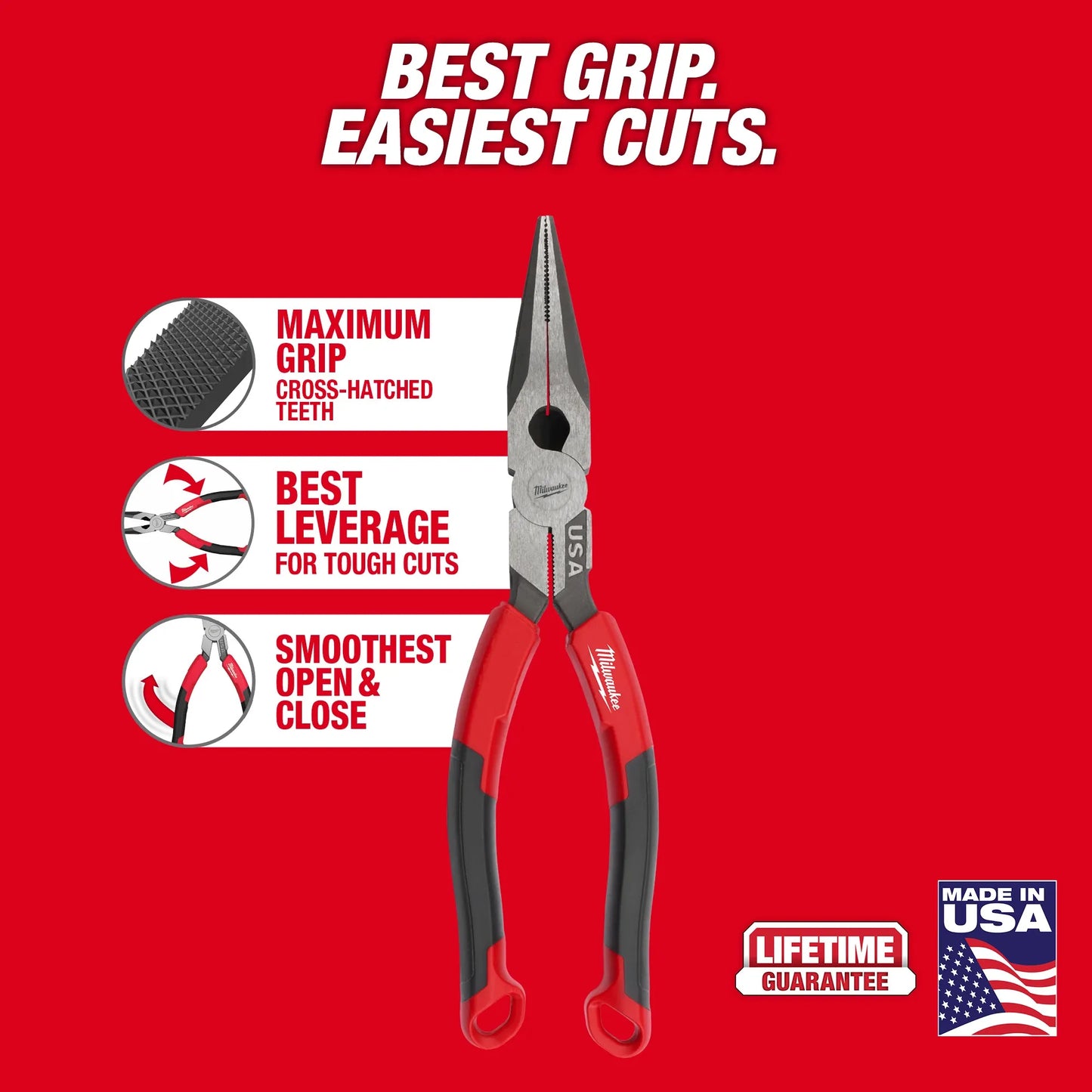Milwaukee MT555, 8" LONG NOSE COMFORT GRP PLIERS USA