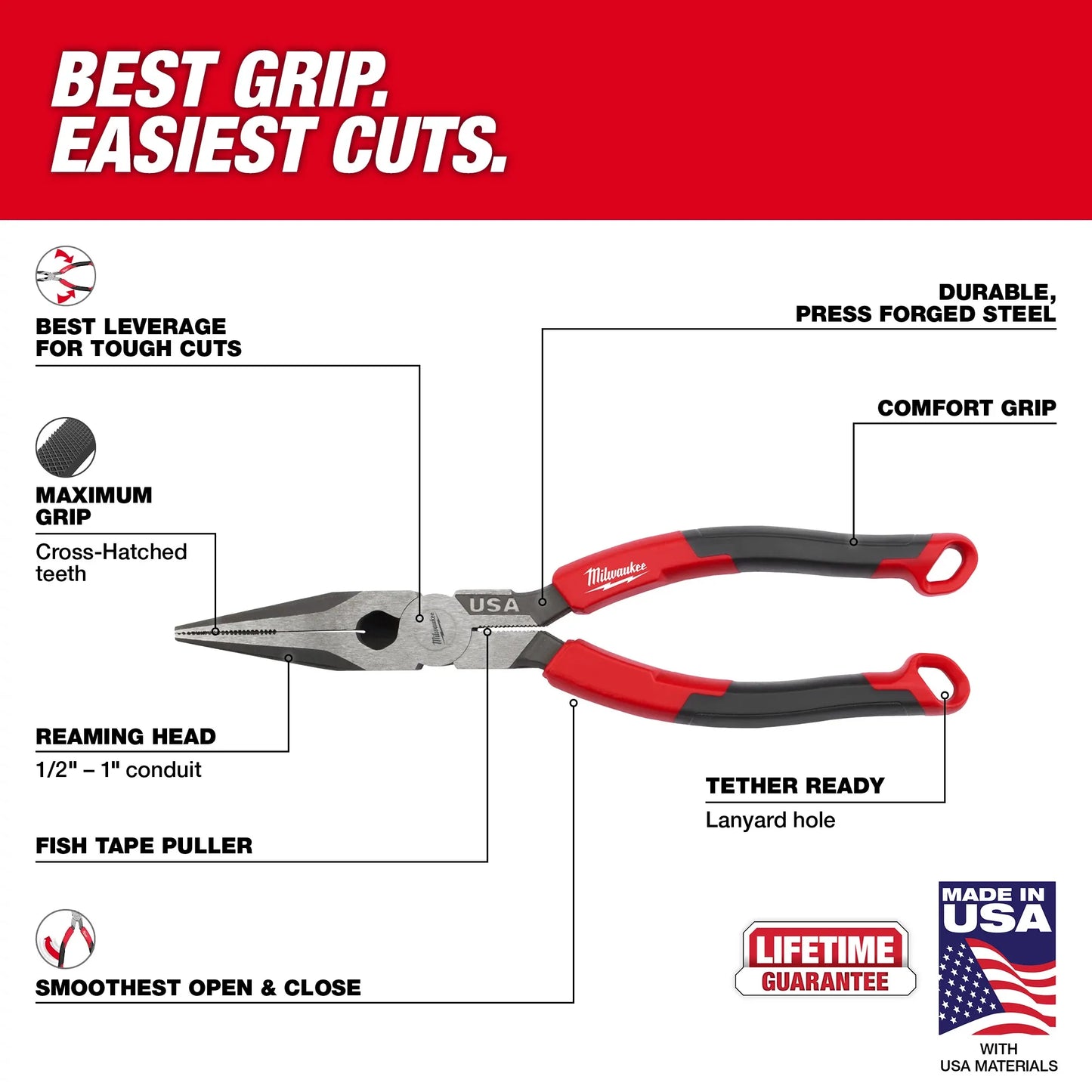Milwaukee MT555, 8" LONG NOSE COMFORT GRP PLIERS USA