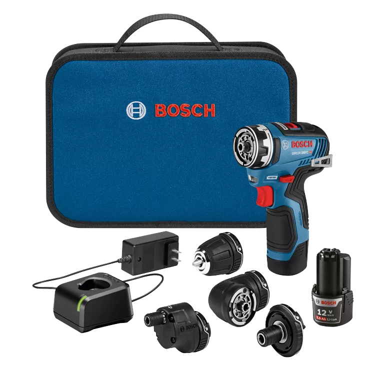 BOSCH GSR12V-300FCB22, 12V Max Brushless FlexiClick 5-in-1 Drill Driver Kit w/ (2) 2.0Ah Batteries