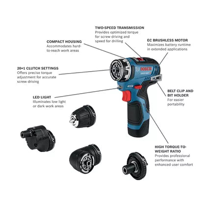 BOSCH GSR12V-300FCB22, 12V Max Brushless FlexiClick 5-in-1 Drill Driver Kit w/ (2) 2.0Ah Batteries