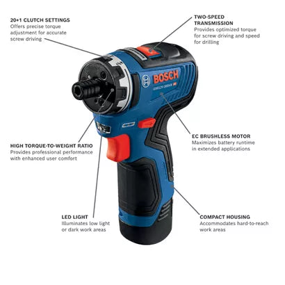 BOSCH GSR12V-300HXB22, 12V Max Brushless Screwdriver Kit w/ (2) 2.0 Ah Batteries