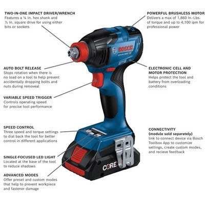 BOSCH GXL18V-227B25, 18V 2-Tool Combo Kit with Connected-Ready Two-In-One 1/4 In. Bit/Socket Impact Driver/Wrench, 1/2 In. Hammer Drill/Driver and (2) CORE18V® 4 Ah Advanced Power Batteries