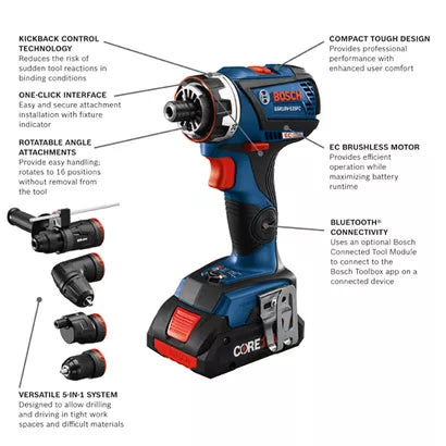 BOSCH GSR18V-535FCB15, 18V Brushless FlexiClick 5-in-1 Drill Driver Kit w/ (1) 4.0 Ah CORE Compact Battery