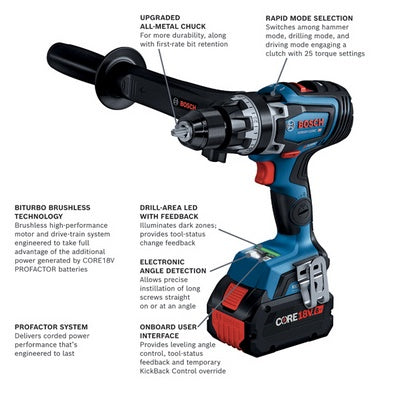 BOSCH GXL18V-260B26, 18V 2-Tool Combo Kit with Connected-Ready 1/2 In. Hammer Drill/Driver, Connected-Ready Two-In-One 1/4 In. and 1/2 In. Bit/Socket Impact Driver/Wrench, (1) CORE18V 8 Ah High Power Battery and (1) CORE18V 4 Ah Advanced Power Battery
