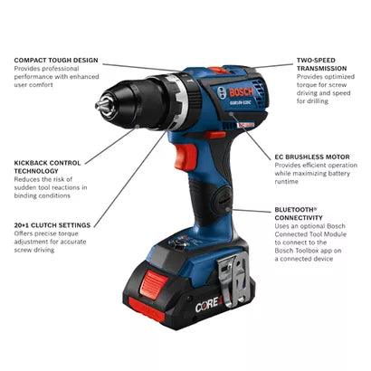BOSCH GSB18V-535CB25, 18V Brushless Compact Tough™ Hammer Drill Driver, Connected Ready w/ (2) 4.0 Ah CORE Compact Batteries