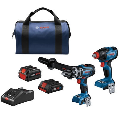 BOSCH GXL18V-260B26, 18V 2-Tool Combo Kit with Connected-Ready 1/2 In. Hammer Drill/Driver, Connected-Ready Two-In-One 1/4 In. and 1/2 In. Bit/Socket Impact Driver/Wrench, (1) CORE18V 8 Ah High Power Battery and (1) CORE18V 4 Ah Advanced Power Battery