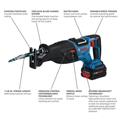 BOSCH GSA18V-110B14, 18V PROFACTOR Brushless Reciprocating Saw w/ (1) 8.0 Ah CORE Performance Battery